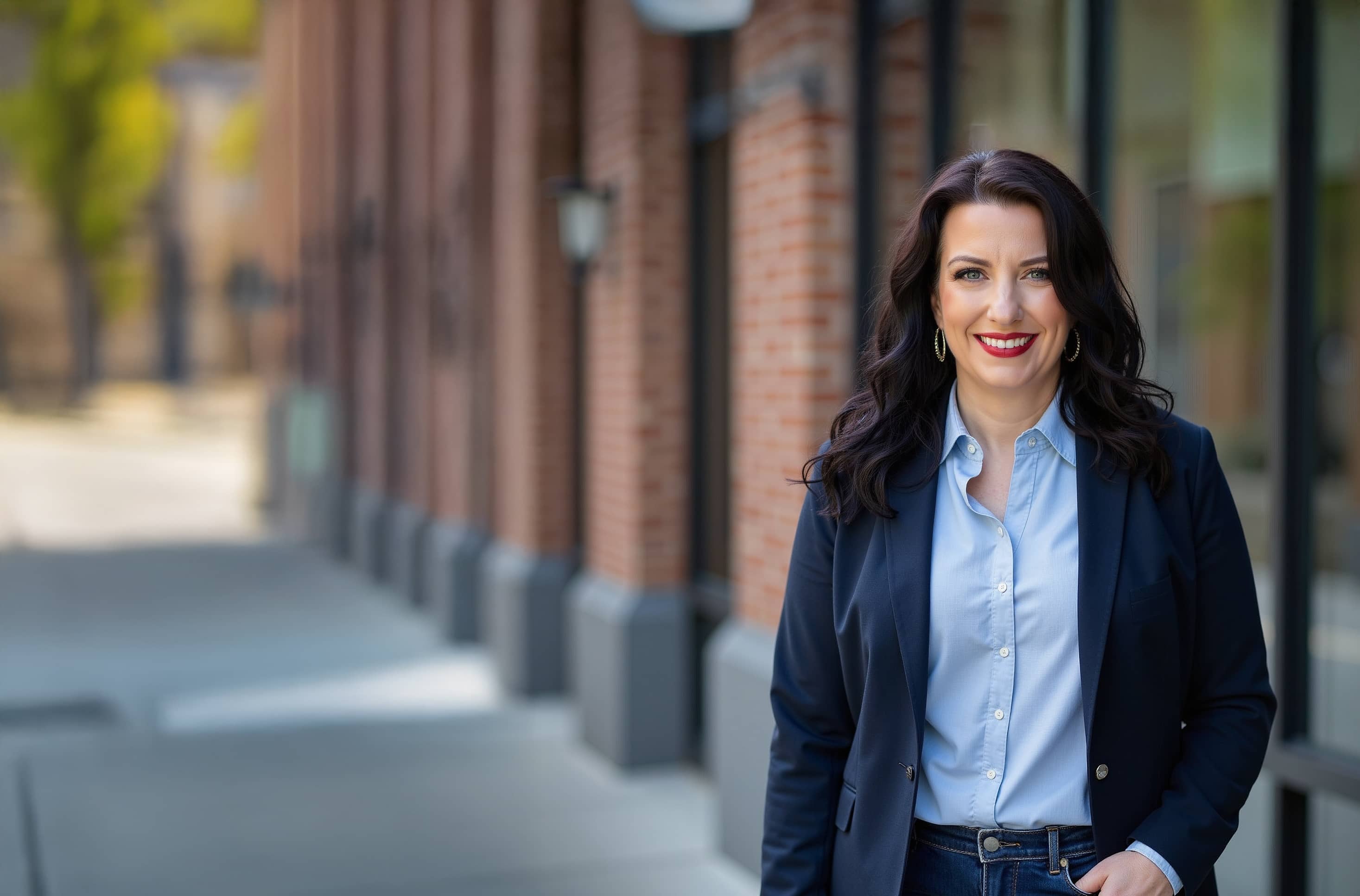Monica in a blue blazer and light blue business shirt standing on a city street, smiling