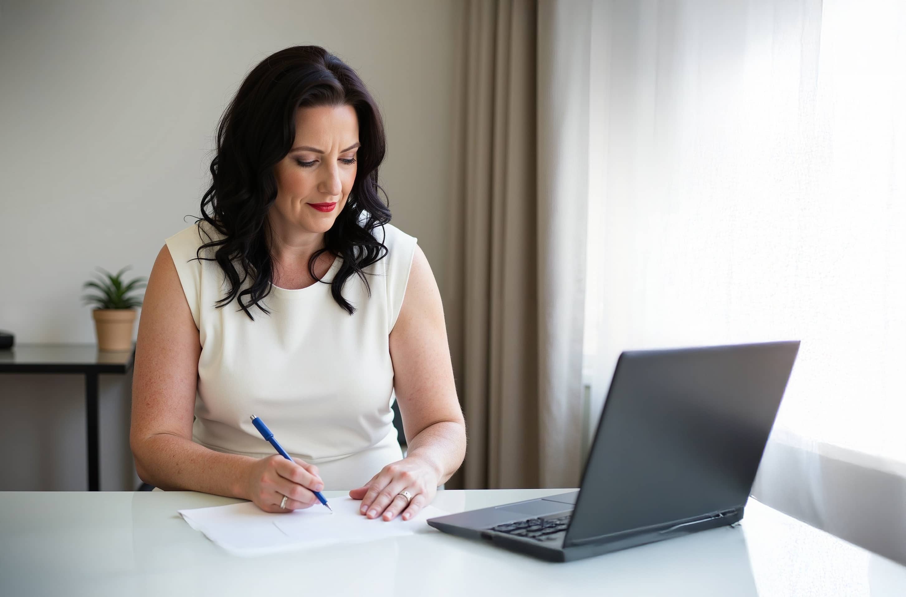 Monica sitting at a computer writing on a paper wearing a white dress