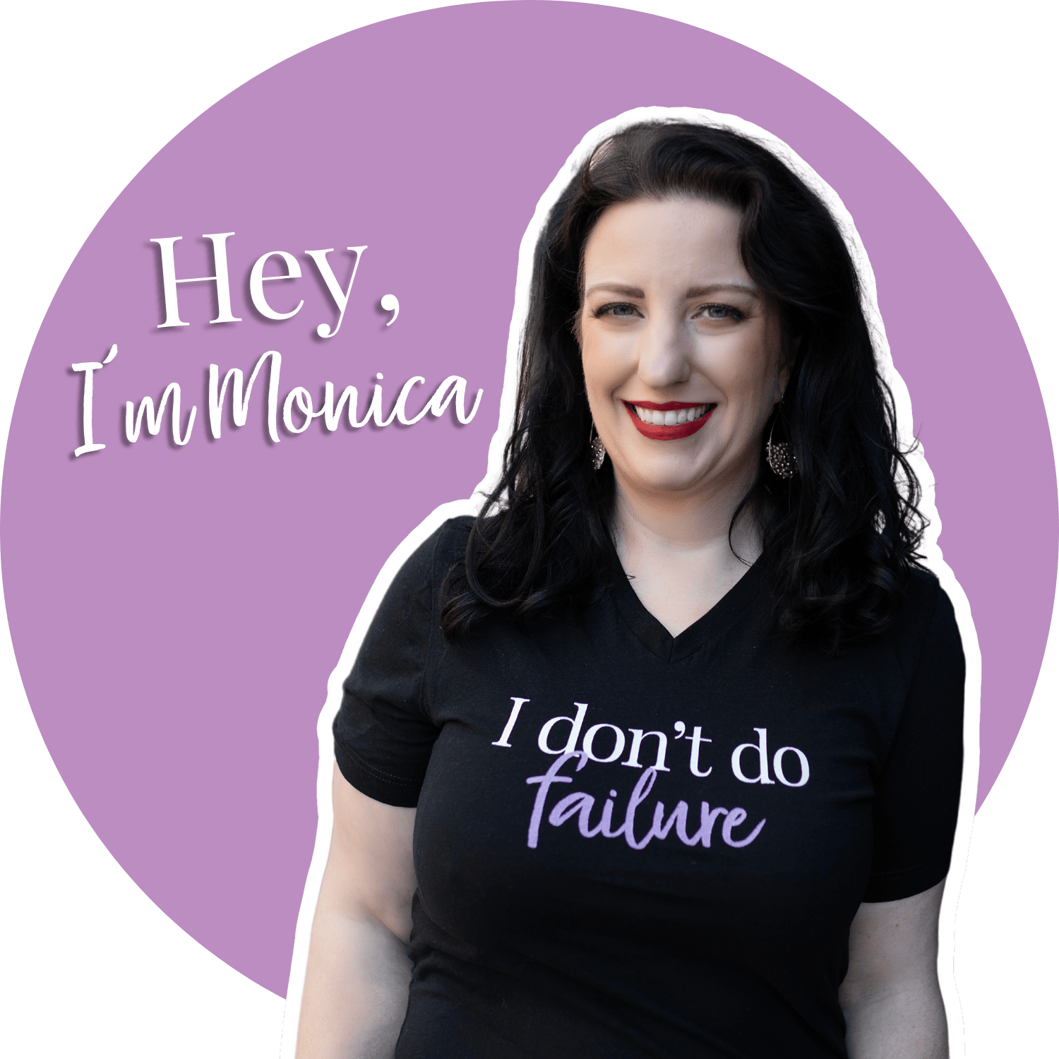 A white woman with dark hair wearing a black tshirt that says I don't do failure.